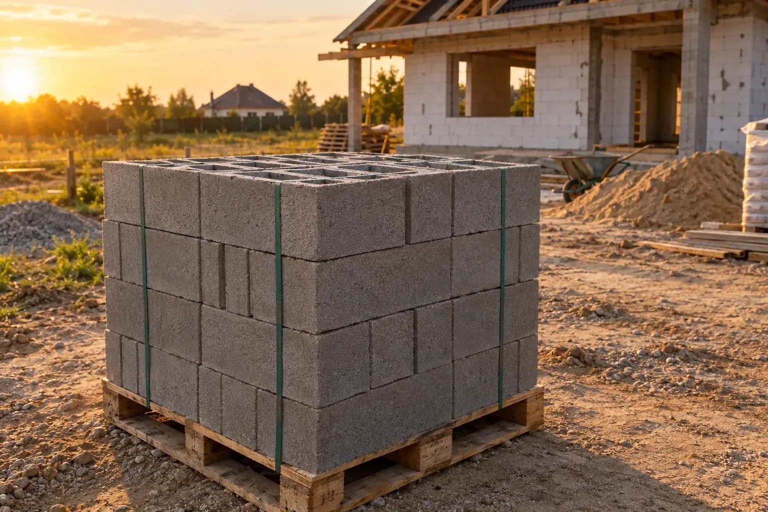 Paleta bloczków betonowych na placu budowy