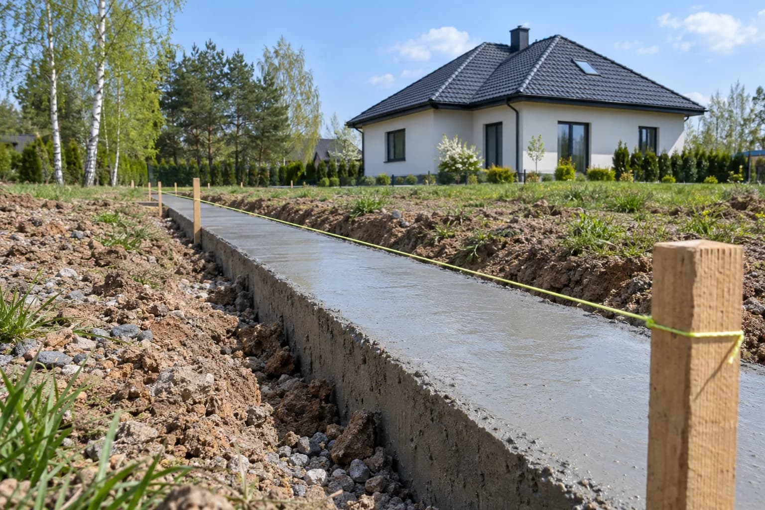Świeżo wylany fundament domu z naciągniętym sznurkiem między palikami na działce
